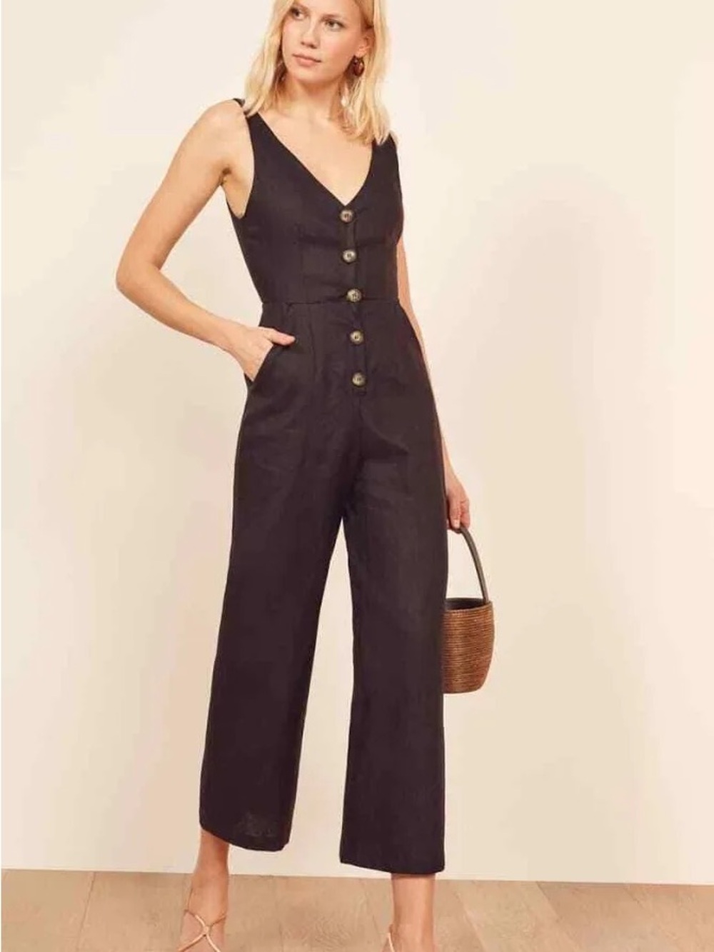 Reformation Black Linen Vera Button-Front jump suit